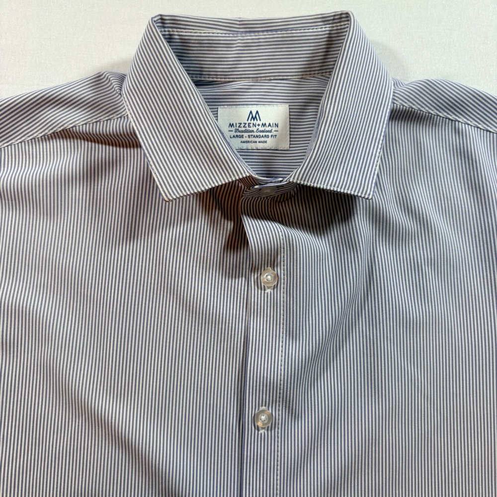 Mizzen+Main Dress Shirt Mens Large Standard Fit Blue Stripe Performance Stretch